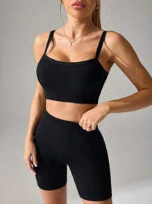 SHEIN Women Solid Color Cropped Camisole Top And Shorts Athletic Outfit - Black - View 3