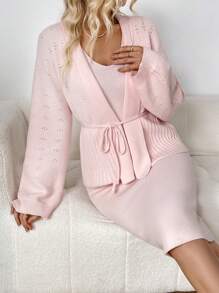 SHEIN Clasi Bộ 2 món áo len chui đầu họa tiết nút cà phê và quần dài dệt kim rộng rãi - Hồng - Xem 4