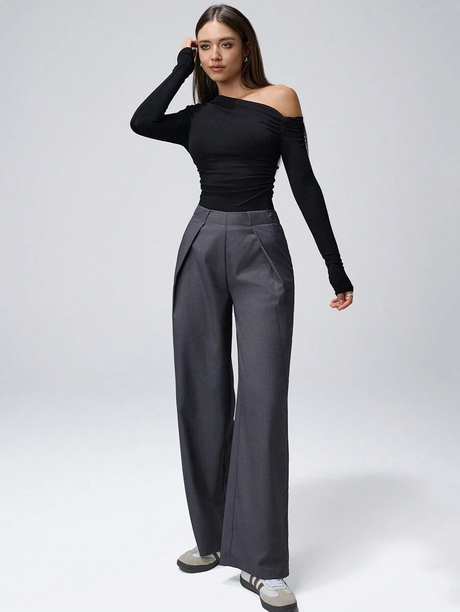 SHEIN Unity Women Solid Color Minimalist Pleated Casual Trousers - Grey - View 1