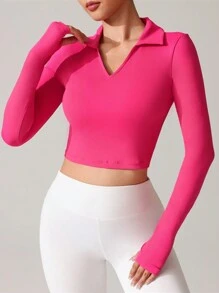 SHEIN Sovereign Charm Casual Solid Color Slim Fit Cropped Sports Polo Shirt - Hot Pink - View 4