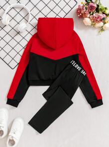 SHEIN 2pcs Tween Girls Hooded Color Block Ribbon Patchwork Sweatshirt And Leggings Set - Red - View 2