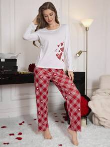 Conjunto de pijama para mujer con estampado de cuadros de corazón de manga larga y pantalones para el Día de San Valentín