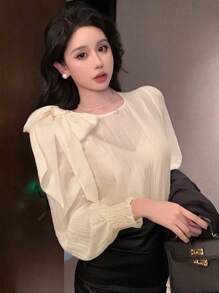 DAZY 女式时尚春季约会衬衫，适合夏季、秋季服装长袖上衣 - 白色 - 查看 6