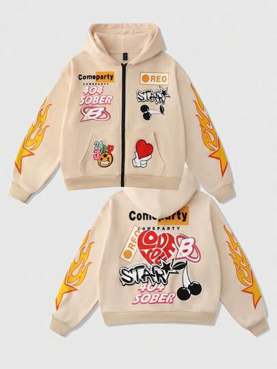 Street Life Sweatshirt décontracté à capuche zippé avec imprimé lettre et flamme, pour hommes, automne/hiver