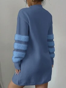 Elenzga Váy len ngắn tay dài cổ đứng trễ vai màu trơn cho nữ mùa thu/đông - Màu xanh bụi bặm - Xem 2