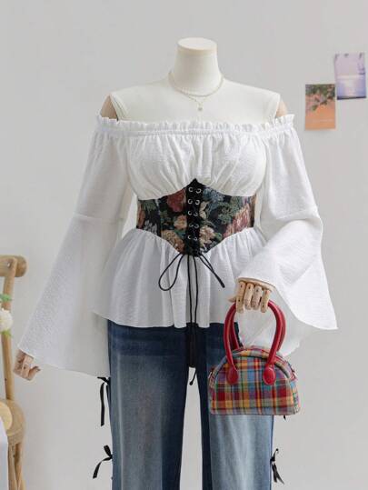 Dreamara 大码女式露肩彩色提花喇叭袖系腰衬衫，休闲度假秋冬