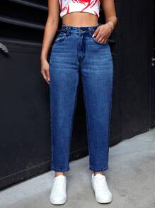 SHEIN PETITE Women Front Button Pocket Simplistic Denim Jeans, Casual Daily Wear