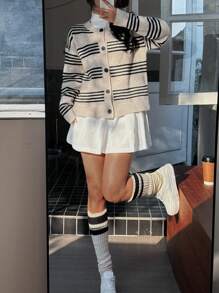SHEIN Unity 女士单排扣条纹圆领开衫，秋冬休闲装 - 彩色 - 查看 3
