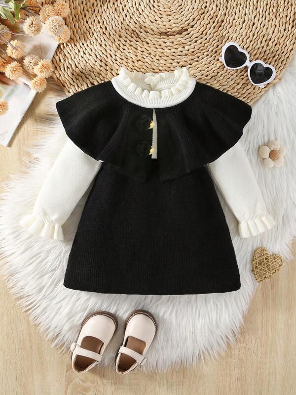 Baby Girls Christmas Knit Dress Sets, Cozy Sweater Dresses With Cloak, Elegant Floral Crochet Collar, Fashionable Casual Suitable For Autumn/Winter, Daily, Outdoor, Travel