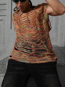 Manfinity EMRG Men's Crew Neck Sleeveless Ripped Knit Vest, Casual Everyday Wear, Men Rave Top, Men Crochet Top, Fishnet Top Men, Mesh Men Top, Knit Top Men