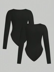 SHEIN EZwear Plus Size Women Long Sleeve Bodysuit,Black Casual Fitted Round Neck Long Sleeve 2pcs Bodysuit