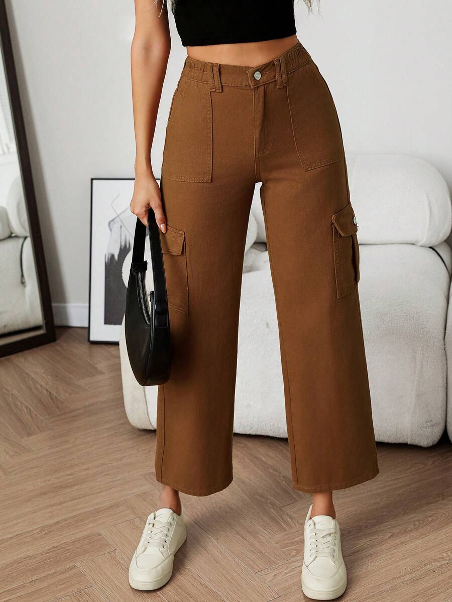 SHEIN PETITE 女式纯色前扣口袋简约休闲牛仔裤 - 鏽棕色 - 查看 1