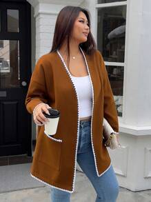 INAWLY Plus Size Women Contrast Color Block Vintage Soft Jacket, Autumn/Winter