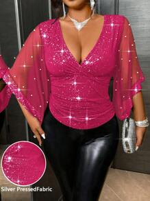 Allurite Plus Size Fashionable Sexy Deep V-Neck Sequin Mesh Contrast T-Shirt - Hot Pink - View 4