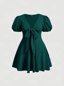SHEIN MOD Women Plus Size Green V-Neck Knot Front Puff Sleeve Casual Mini Dress, Holiday, Beach, Western, For Summer,Birthday Dresses For Women - Dark Green - View 1