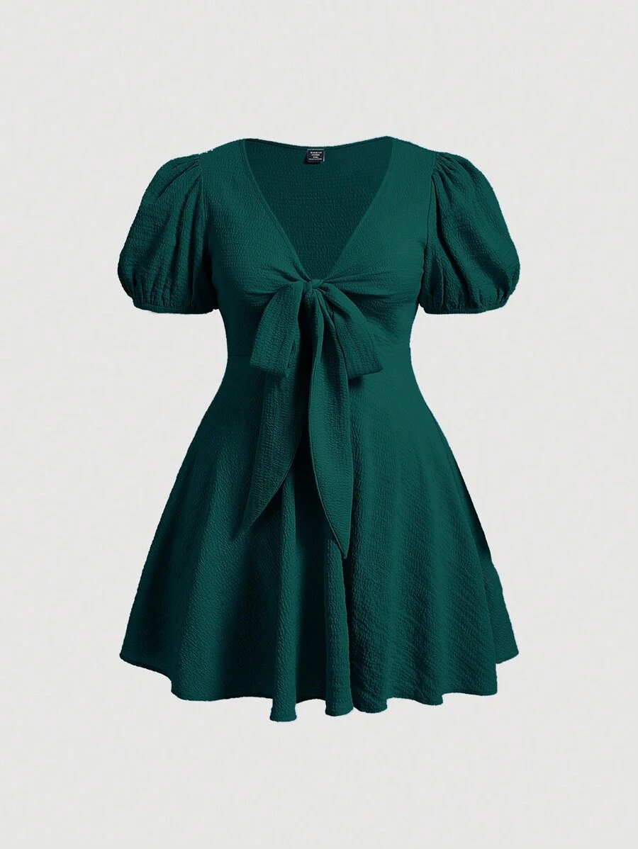 SHEIN MOD Women Plus Size Green V-Neck Knot Front Puff Sleeve Casual Mini Dress, Holiday, Beach, Western, For Summer,Birthday Dresses For Women - Dark Green - View 1