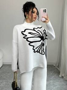 Elenzga Women's Stand Collar Long Sleeve Floral Pattern Minimalist Casual Sweater Knit Pullover Fall Winter