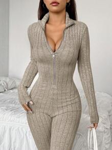 SHEIN EZwear Dames jumpsuit met lange mouwen, rits aan de voorkant en kraag, casual