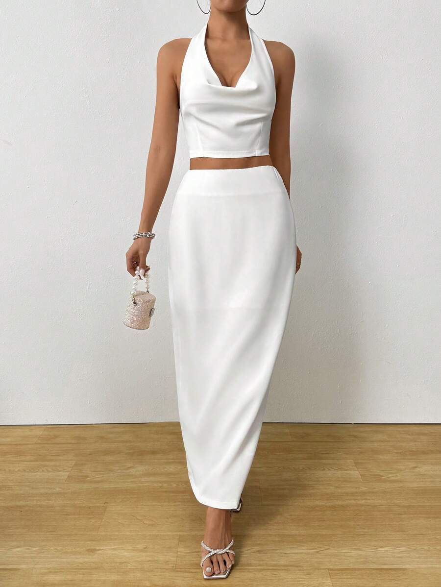 SHEIN Unity Conjunto de 2 piezas de top y falda de unicolor elegante para mujer, para fiesta, conjunto de dos piezas - Blanco - Ver 1