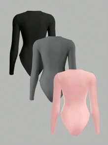 SHEIN BASICS 3pcs/Set Bodysuit Rajut Lengan Panjang Warna Polos Kasual dengan Lapisan Termal untuk Wanita - Berwarna merah muda - View 2