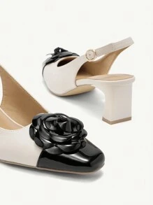 CUCCOO CHICEST Women's Autumn/Winter New Camellia Flower Colorblock Square Toe Chunky Heel Mid-Heel Elegant Sweet Retro White/Black Patent Leather/Faux Leather High Heel Pumps, Suitable For Formal, Date, Party, Office Wear