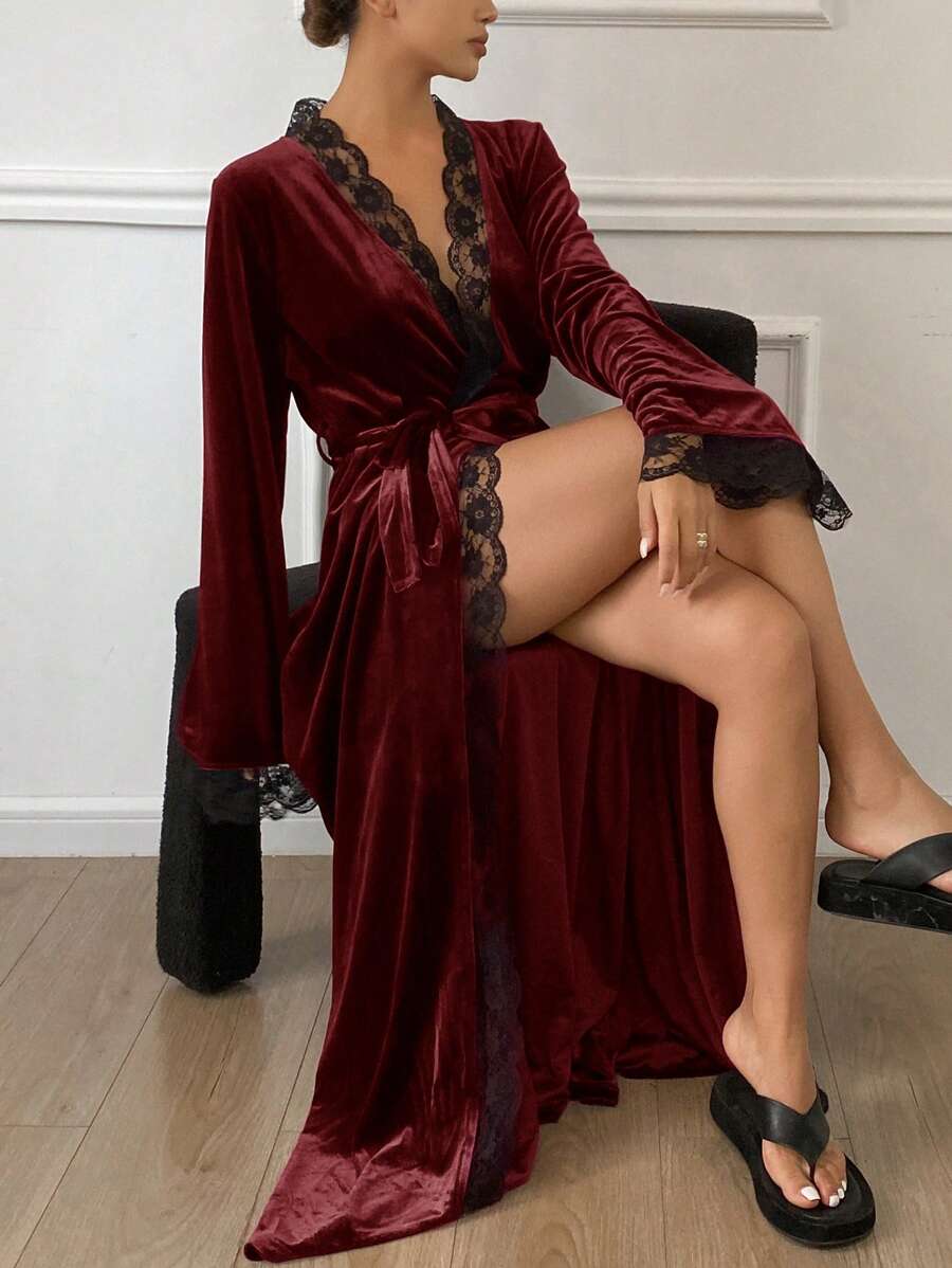 DAZY Long Luxurious Velvet & Contrast Lace Robe, Winter - Burgundy - View 1
