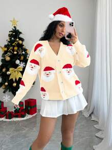 Chiquease Cardigan tricoté à col en V avec portrait du Père Noël pour femmes, pour Noël