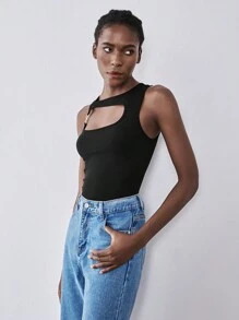 Lumivelle 1pc Black Hollow Out Sexy Ladies Tank Top, 1pc Black Knit Elastic Women Tank Top