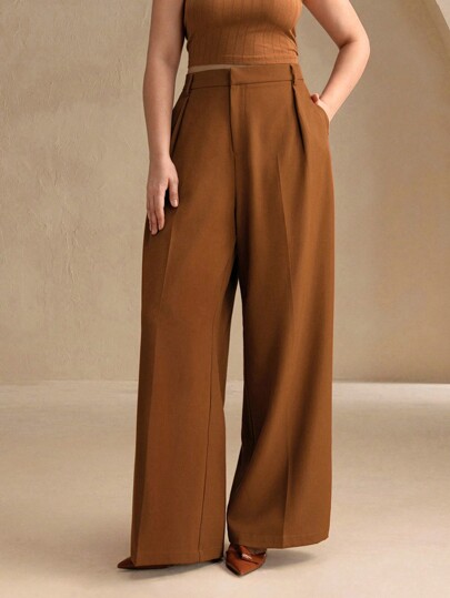 Anewsta Brown Plus Size Women Elegant Casual Wide Leg Dress Pants