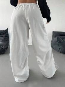 POPSWAY Plus Size Women's Solid Color Drawstring Waist Wide Leg Casual Cargo Pants Fall Cloth For Women - White - View 2
