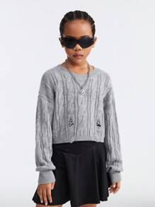 SHEIN Tween Girls Fall/Winter Basic Cable-Knit Thermal Grey Fitted Crew Neck Sweater - Grey - View 4