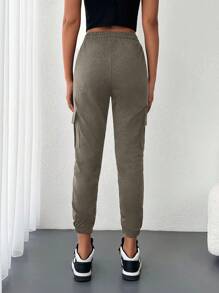 Cottnline Flap Pocket Side Drawstring Waist Joggers - Dark Grey - View 2