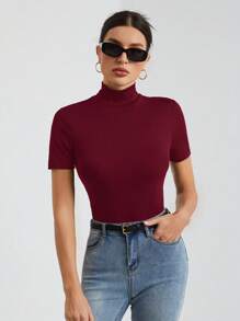 SHEIN Tall Áo thun cổ lọ tay ngắn màu đen cơ bản trơn dành cho nữ - Màu Đỏ Sâu - Xem 7