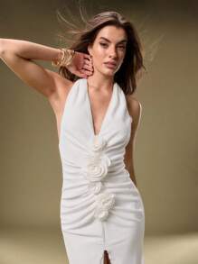SHEIN Unity Women's Elegant Party 3D Floral Decor High Slit Backless Halter Dress - White - View 1