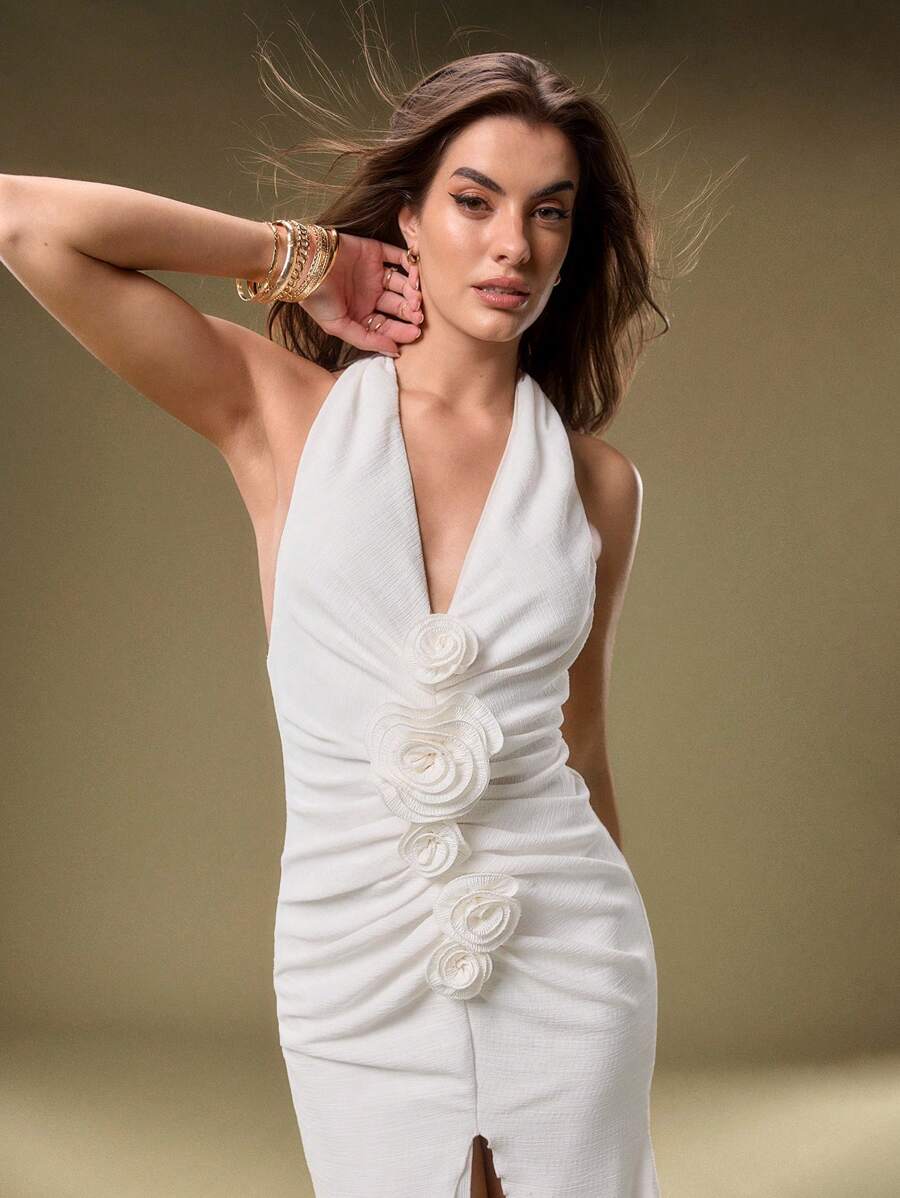 SHEIN Unity Women's Elegant Party 3D Floral Decor High Slit Backless Halter Dress - White - View 1