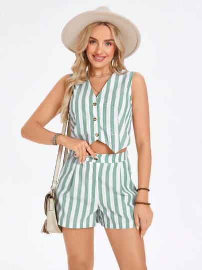 SHEIN LUNE 條紋印花單排釦背心和休閒夏季短褲套裝