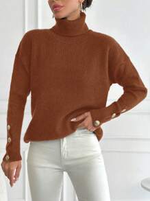 EURMUSE Của phụ nữ Cổ cao Chất rắn Đồ đan Ribbed Chi tiết Nút Áo len - Màu Đỏ Sâu - Xem 4