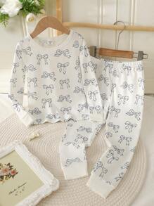 Young Girl Valentine's Day Butterfly Print Black & White Leggings Set, Long Sleeve Snug Fit Top & Pants, Comfy Pajama Set - Multicolor - View 5