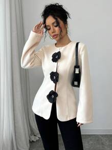 Chiquease Casual Versatile Solid Color Round Neck Floral Decorative Long Sleeve Women Jacket, Autumn/Winter Fall Cloth For Women - Apricot - View 4