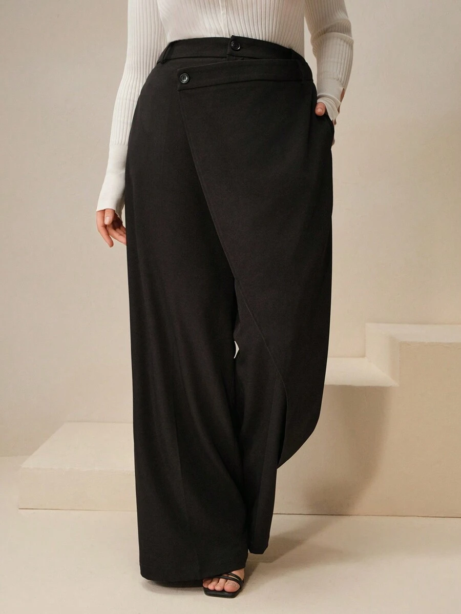 Anewsta Asymmetrical American Style Loose High Waist Wide Leg Suit Pants, Slimming And Versatile, Plus Size - Black - View 1