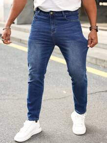 Manfinity Homme Men's Simple Front Button Pocket Casual Denim Jeans, Daily Wear - Blue - View 1