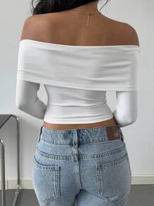 SHEIN EZwear Women's Autumn Bowknot Decor Off-Shoulder Long Sleeve Ruched Crop Fitted T-Shirt
