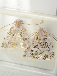 SHEIN 10/20 PCS Gold Foil Floral Drawstring Gift Bags 9x12cm - Christmas Candy Jewelry Pouches For Wedding, Birthday, Party Favors, Xmas Gift Wrapping With Metallic Print & String Closure - White - View 4