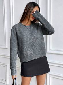 SHEIN Unity Áo len dệt kim cổ tròn tay dài màu trơn Slouchy Áo len chui đầu thu đông - Màu xám đen - Xem 3