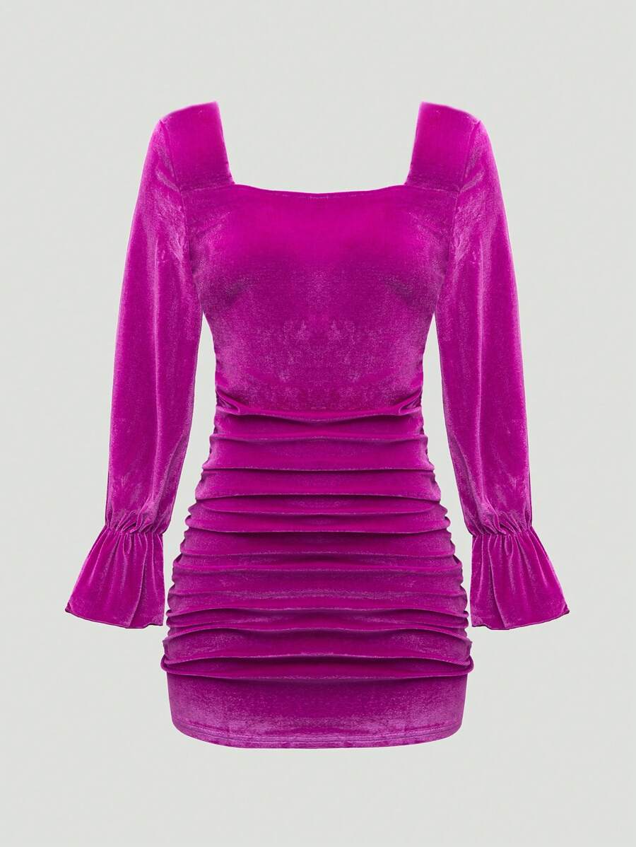 Vestido de terciopelo de cuello cuadrado de manga larga y unicolor para adolescentes y niñas - Rosa Fucsia - Ver 1