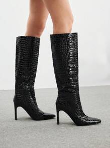 CUCCOO BIZCHIC 时尚基本款舒适通勤性感黑色石纹纯色细高跟及膝靴，适合圣诞节和新年假期氛围秋冬