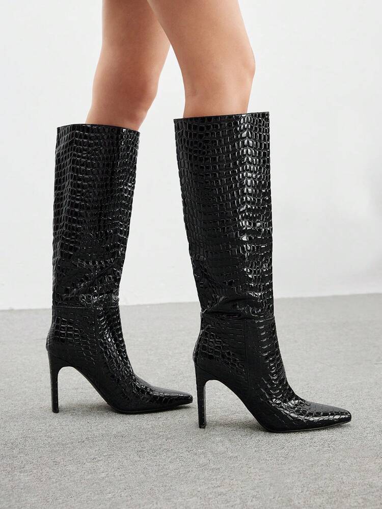 CUCCOO BIZCHIC Botas de tacón de aguja por encima de la rodilla negras con textura de piedra, básicas, cómodas y elegantes para un look de Navidad y Año Nuevo en otoño e invierno