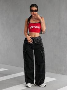 SHEIN EZwear Jeans casuales de cintura alta con bolsillos plegables y pierna ancha para mujeres