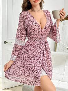 Contrast Color Lace Patchwork Heart Print Mesh Sexy Pajama Set