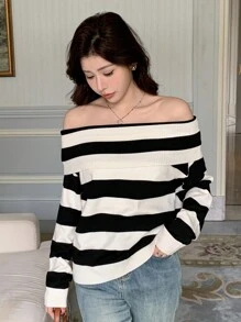 DAZY 女式黑白条纹露肩长袖毛衣，秋季服装 - 黑色 - 查看 1